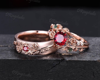 2pcs Round Red Ruby Promise Couple Rings Set 14k Rose Gold Leaf Branch His and Hers Wedding Band Nature Inspired Matching Ring Proposal Gift