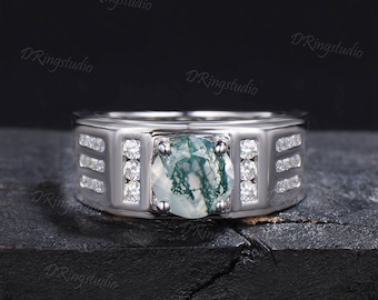 Sterling Silver Wide Wedding Band 1CT Round Moss Agate Cluster Ring Wide Moissanite Diamond Band Channel Set Three Row Men's Engagement Ring
