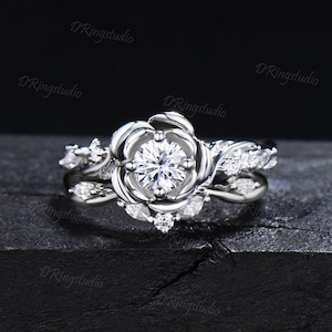 Rose Flower Moissanite Engagement Ring Set 5mm Round Moissanite Bridal Set Silver Floral Ring Nature Inspired Entangled Vine Ring Women Gift