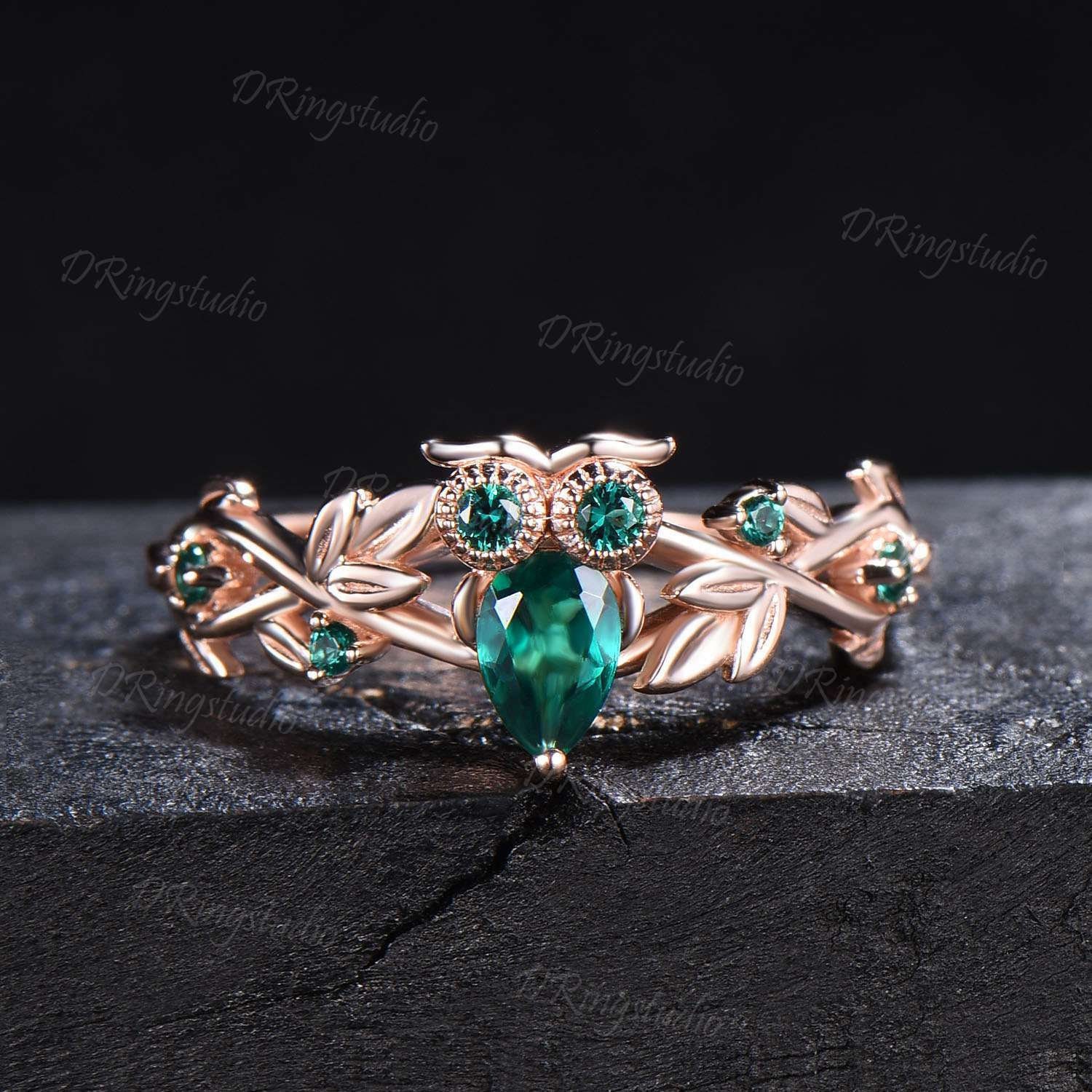 Teardrop Green Emerald Owl Engagement Ring 14k Gold Branch Leaf May Birthstone Wedding Ring Nature I