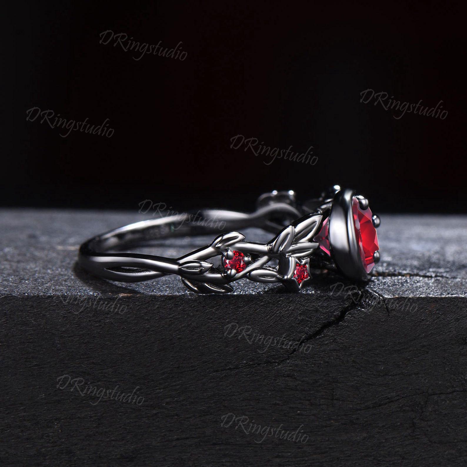 Black Gold Ruby Engagement Ring Gothic Black Moon Leaf Design Ring Leaf ...