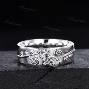 Nature Inspired Round Moss Agate Wedding Band White Gold Natural Green Moss Flower Wedding Ring Twig Leaf Engagement Ring 6mm Mens Ring Gift