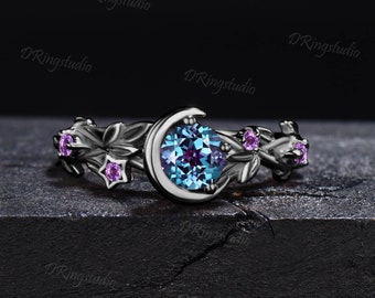 Color-Change Alexandrite Amethyst Black Gold Engagement Ring Moon Star Round Alexandrite Ring Nature Inspired Alexandrite Wedding Ring Women