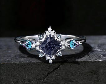 Anello Princess Cut Galaxy Blue Sandstone, anello di fidanzamento Celestial Moon Blue Goldstone con alessandrite e alone, anello nuziale Silver Nebula, regalo per donna.
