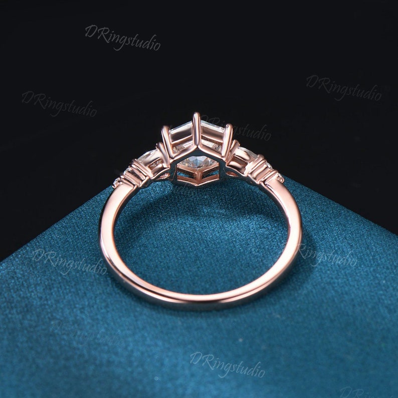 Hexagon Moss Agate Engagement Ring Minimalist Rose Gold Simulated Diamond Wedding Ring Art Deco Unique Statement Ring Anniversary women gift