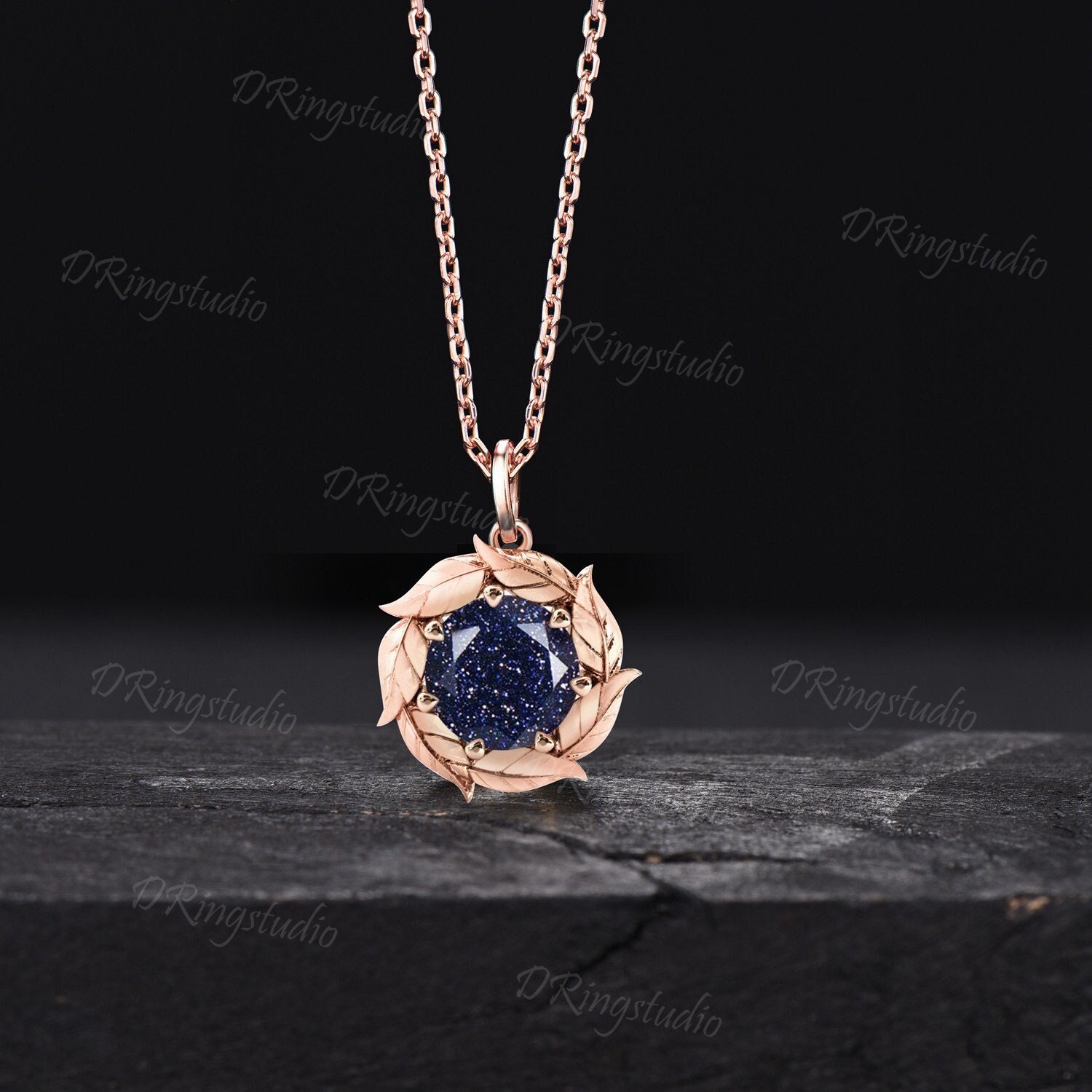 Nature Inspired Blue Sandstone Necklace Rose Gold Leaf Charm Necklace Vintage Round Blue Goldstone Wedding Pendant Anniversary Women Jewelry