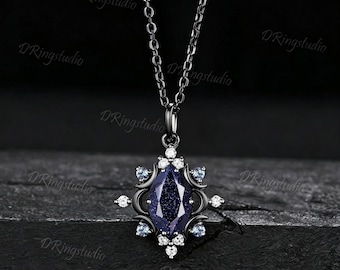 1ct Marquise Cut Blue Sandstone Necklace Celestial Moon Inspired Black Gold Necklace Alexandrite Halo Galaxy Blue Goldstone Pendant Gift