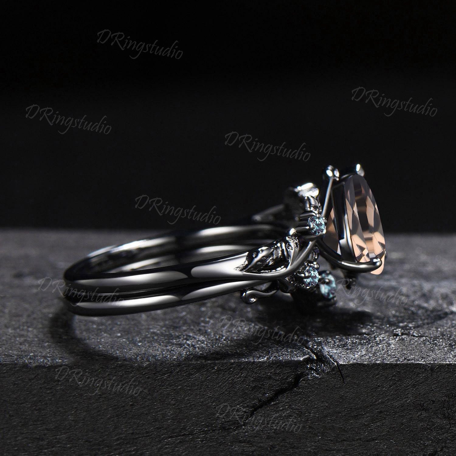 Twig Smoky Quartz Engagement Ring Black Gold Pear Shaped Brown