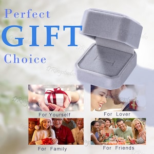 May include: A gray velvet ring box with the words "Perfect GIFT Choice" in white text. The box is open and empty. There are four images below the box showing different people receiving gifts. The images are labeled "For Yourself", "For Lover", "For Family", and "For Friends".