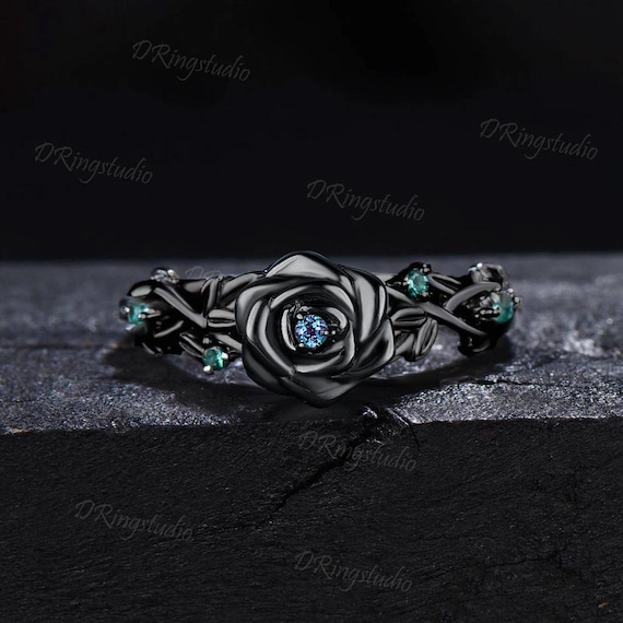Black Gold Flower Alexandrite Engagement Ring Leaf Branch Green