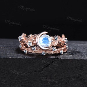 Celestial Rainbow Moonstone Ring Set Twig leaf Vine Alexandrite Ring Moon Star Round Moonstone Bridal Set Crescent Moon Ring Proposal Gifts