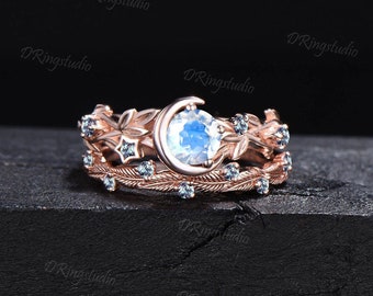 Celestial Regenbogen Mondstein Ring Set Zweig Blatt Rebe Alexandrit Ring Mond Stern Runde Mondstein Braut Set Halbmond Ring Vorschlag Geschenke