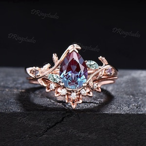 1,25 carat Inspiré par la nature, Alexandrite à changement de couleur, agate mousse, ensemble de bagues en Alexandrite, brindille, larme, pierre de naissance, juin, cadeaux de mariage