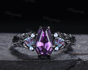 Gothic Coffin Cut Amethyst Purple Wedding Ring For Women Black Gold Oak Leaf Witchy Alexandrite Engagement Ring February Birthstone Gift