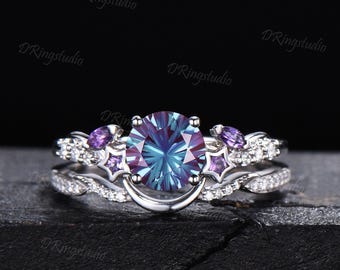 6.5mm Round Fireworks Cut Alexandrite Bridal Ring Set Waxing Crescent Moon Star Amethyst Silver Engagement Ring Color-Change Ring Women Gift