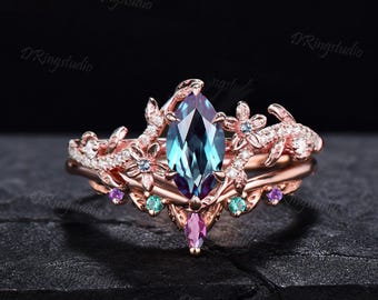 Garden Inspired Marquise Cut Alexandrite Engagement Ring Set Rose Gold Flower Vines Cluster Amethyst Moissanite Wedding Ring Gifts for Women