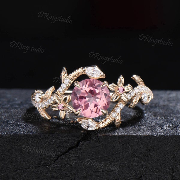 Double Snake Pink Sapphire Engagement Ring Gold Round Padparadscha Sapphire Floral Wedding Ring Serpent Moissanite Diamond Ring Gothic Ring