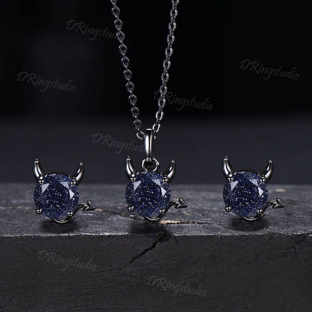 Unique Blue Sandstone Necklace Earrings Jewelry Set Black Gold