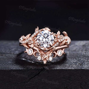 Nature Inspired Round Moissanite Engagement Ring Set Diamond Ring Set Branch Vine Rose Flower Moissanite Proposal Gifts Rose Gold Bridal Set