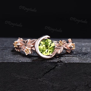 Moon Star Design Natural Peridot and Citrine Ring 10K Rose Gold Nature Inspired Green Peridot Promise Ring August Birthstone Birthday Gifts