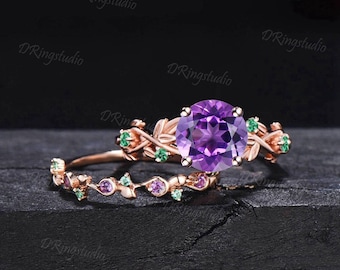 Nature Inspired Round Amethyst Emerald Branch Engagement Ring Set