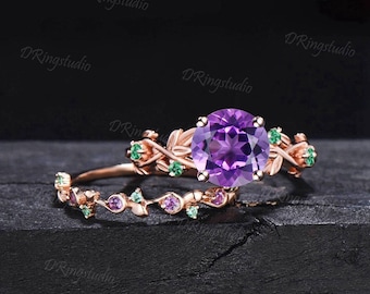 Natur inspiriert Runde Amethyst Smaragd Zweig Verlobungsring Set natürliche lila Kristall Ehering Set Februar Birthstone Geburtstagsgeschenke