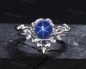 6.5mm Round Blue Star Sapphire Engagement Ring Set Branch Leaf Moissanite Milgrain Wedding Ring Blue Gemstone Solitaire Ring Gift for Women