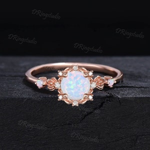 1ct Round Cut White Opal Engagement Ring Rose Flower Floral Opal Ring Nature Inspired Twig Leaf Opal Ring October Birthstone Birthday Gifts