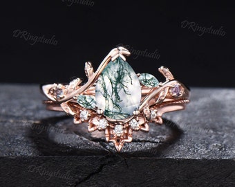 1.25ct Nature Inspired Natural Moss Agate Alexandrite Wedding Ring Set Green Gemstone Jewelry Branch Vine Wedding Ring Pear Moss Bridal Set
