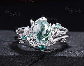 1.5ct Oval Cut Nature Inspired Natural Green Moss Agate Emerald Engagement Ring Set 14K Rose Gold Moss Agate Leaf Branch Floral Wedding Ring