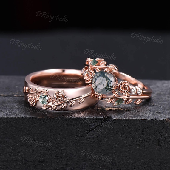 2pcs Nature Inspired Couple Rings Set 14k Rose Gold Moss Agate