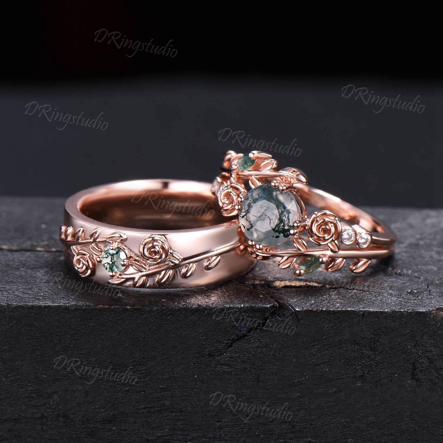 アクセサリー ROSE RING / Pair/Free 2pcs Nature Inspired Couple Rings Set 14k Rose Gold Moss Agate