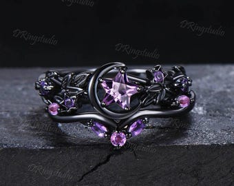 Star Cut Natural Amethyst Engagement Ring Set Crescent Moon Leaf Vine Wedding Ring Black Gold Purple Gemstone Bridal Set Anniversary Gift