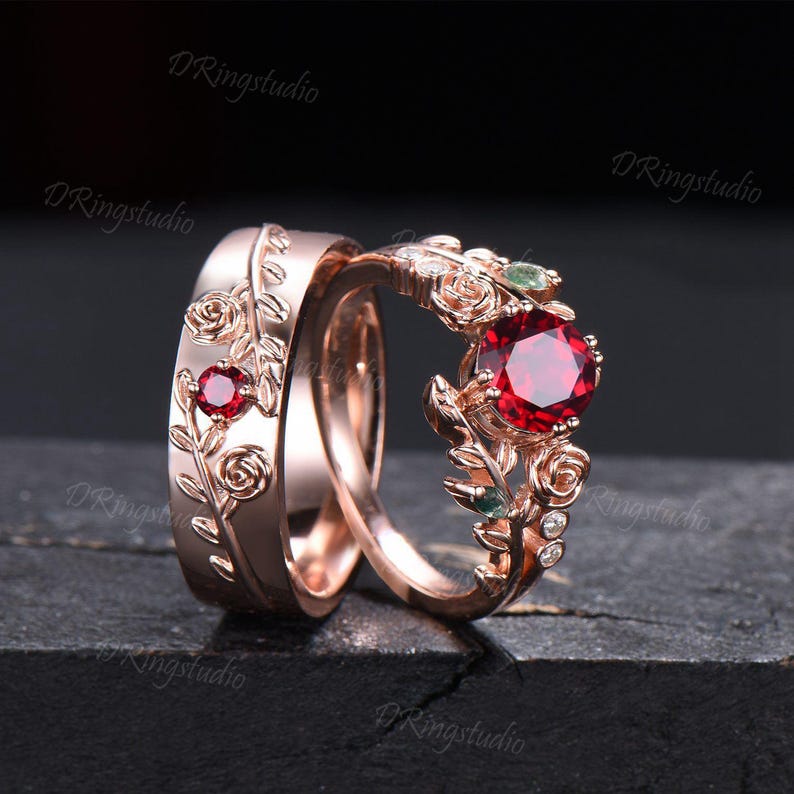 2pcs Round Red Ruby Promise Couple Rings Set 14k Rose Gold Leaf Branch ...