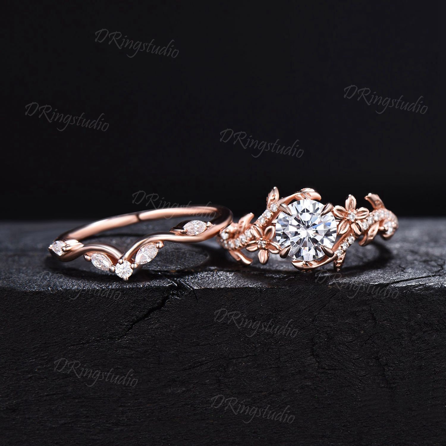 1 Carat Round Lab Grown Diamond Ring 14k Rose Gold Flower 