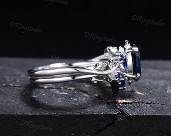 Nature Inspired Oval Cut Blue Sapphire Engagement Ring Black