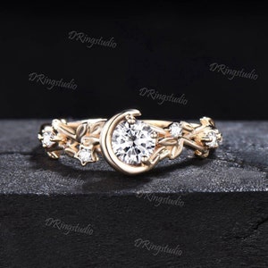 Nature Inspired Round Moissanite Diamond Engagement Ring 14k Solid Gold Moon Star Moissanite Wedding Ring Cluster Branch Leaf Diamond Ring