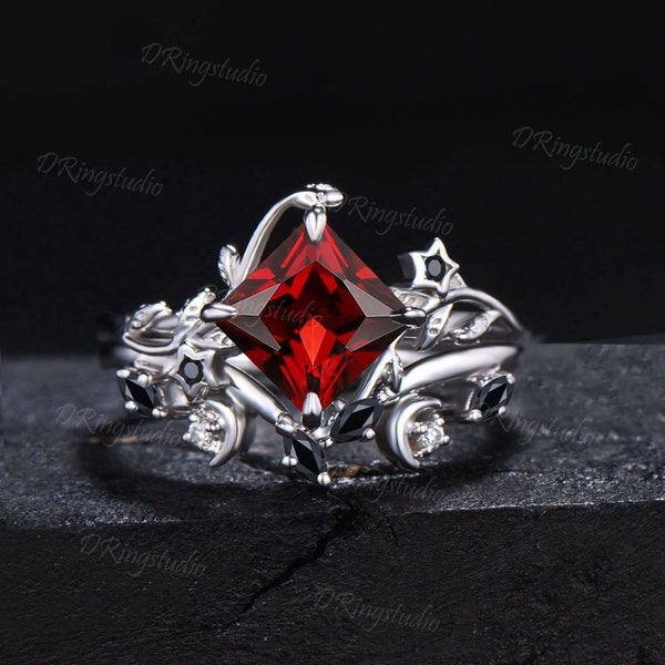 Natural Garnet Engagement Ring Set Twist Twig Vine Princess Cut Garnet Ring Moon Star Black Spinel Wedding Ring January Birthstone Jewelry