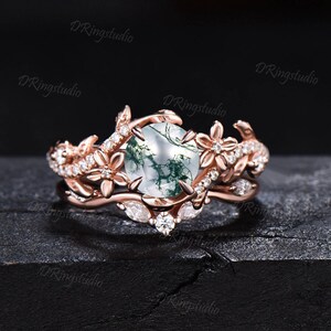 Zestaw pierścionków zaręczynowych z naturalnego mchu inspirowanego naturą, okrągła gałązka z liści, zestaw ślubny Moissanite, 14-karatowe złoto, zielony mch, obietnica prezentu