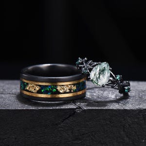 Teardrop Moss Agate Couple Rings Set Black Gold Nature Inspired Promise Ring Tungsten Matching Ring His and Hers Wedding Band Proposal Gift
