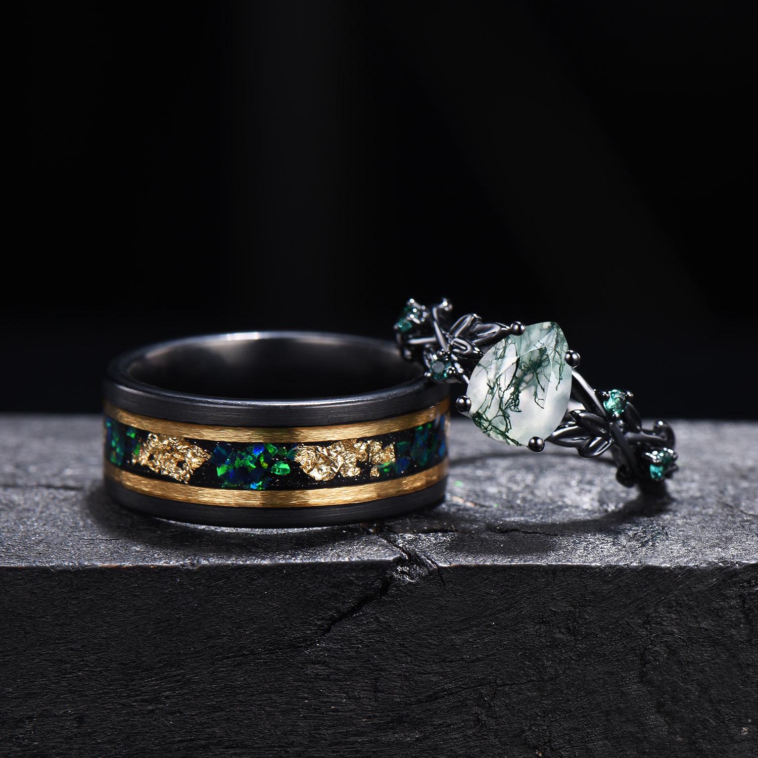 Teardrop Moss Agate Couple Rings Set Black Gold Nature Inspired