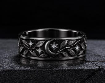 Crescent Moon Star Inspired Black Gold Hand-carved Leaf Pattern Wedding Band for Men Nature Vine Cluster Moissanite Men's Engagement Ring