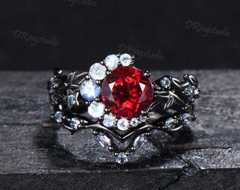 1.5ct Round Ruby Alternative Engagement Ring Set Black Moon Halo Star Moonstone Alexandrite Ring Branch Leaf Black Gold Wedding Ring for Her