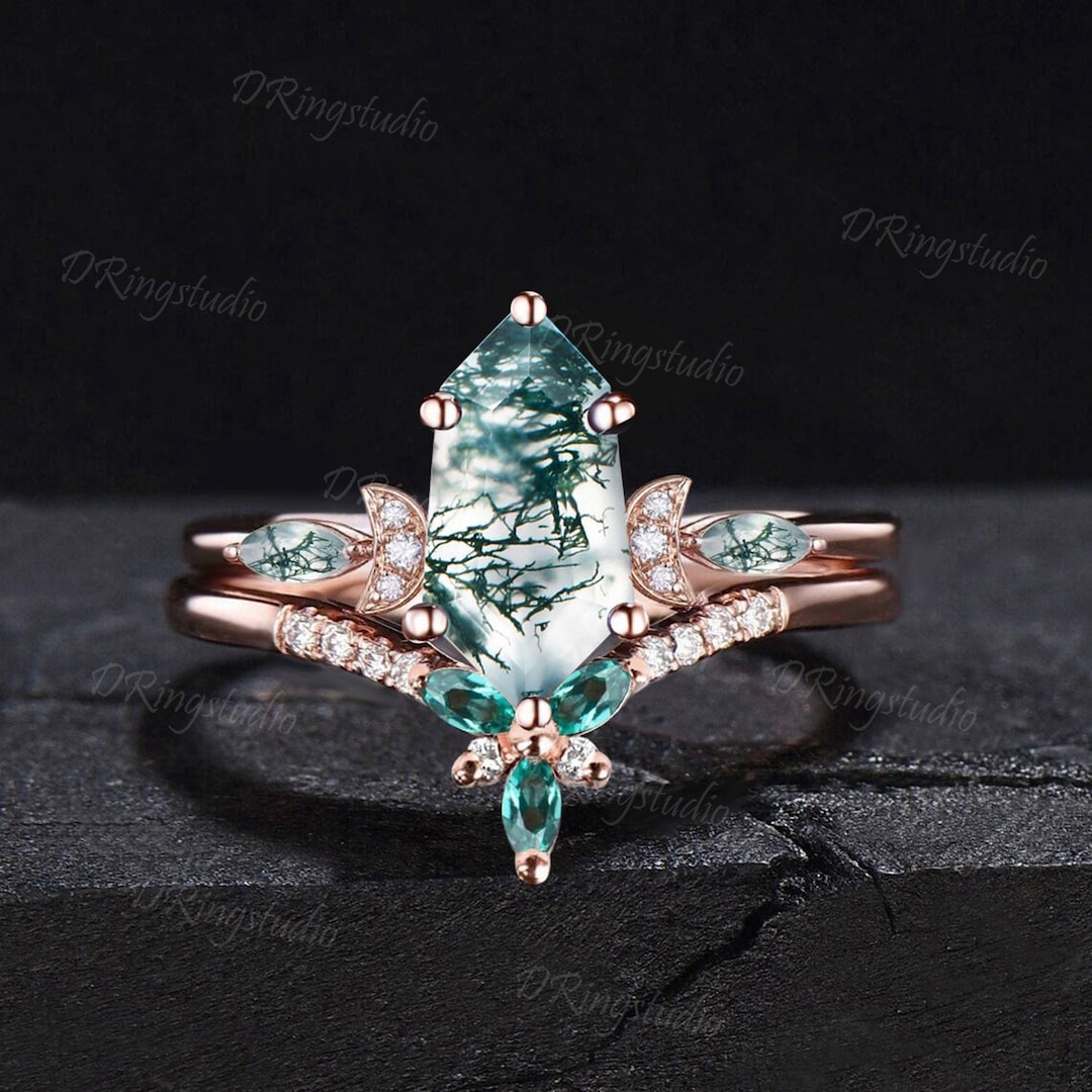 Hexagon Cut Moss Agate Engagement Ring Emerald Moissanite Cluster ...