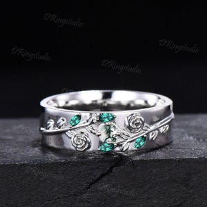 Nature Inspired Round Moss Agate Wedding Band White Gold Natural Green Moss Flower Wedding Ring Twig Leaf Engagement Ring 6mm Mens Ring Gift