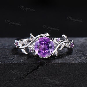 Einzigartiger runder natürlicher Amethyst Verlobungsring 14k Weißgold Blatt Zweig lila Kristall Ring Mond Stern Ring Februar Birthstone Hochzeitsgeschenk