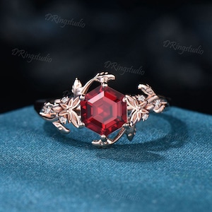Hexagon Cut Ruby Engagement Ring Rose Gold Celtic Wedding Ring Branch Leaf Ruby Ring Red Gemstone Ring July Birthstone Proposal Women Gifts