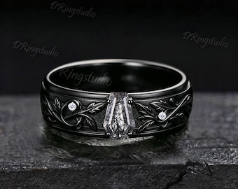 Coffin Black Rutilated Quartz Mens Engagement Ring Nature Inspired Leaf Engraved Black Gold Wedding Band Personalized Mens Promise Ring Band