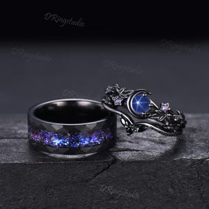 2pcs Galaxy Moon Star Sapphire Couple Ring Set Gothic Black Tungsten Wedding Band Black Nature Inspired Amethyst Promise Ring Set Women Gift