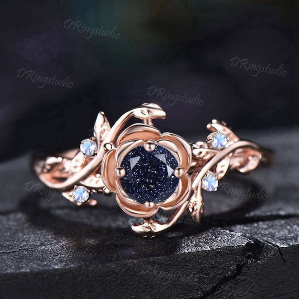 Nature Inpsired Galaxy Blue Sandstone Engagement Ring 14k Rose Gold Moonstone Wedding Ring Rose Flower Blue Goldstone Jewelry Promise Gifts